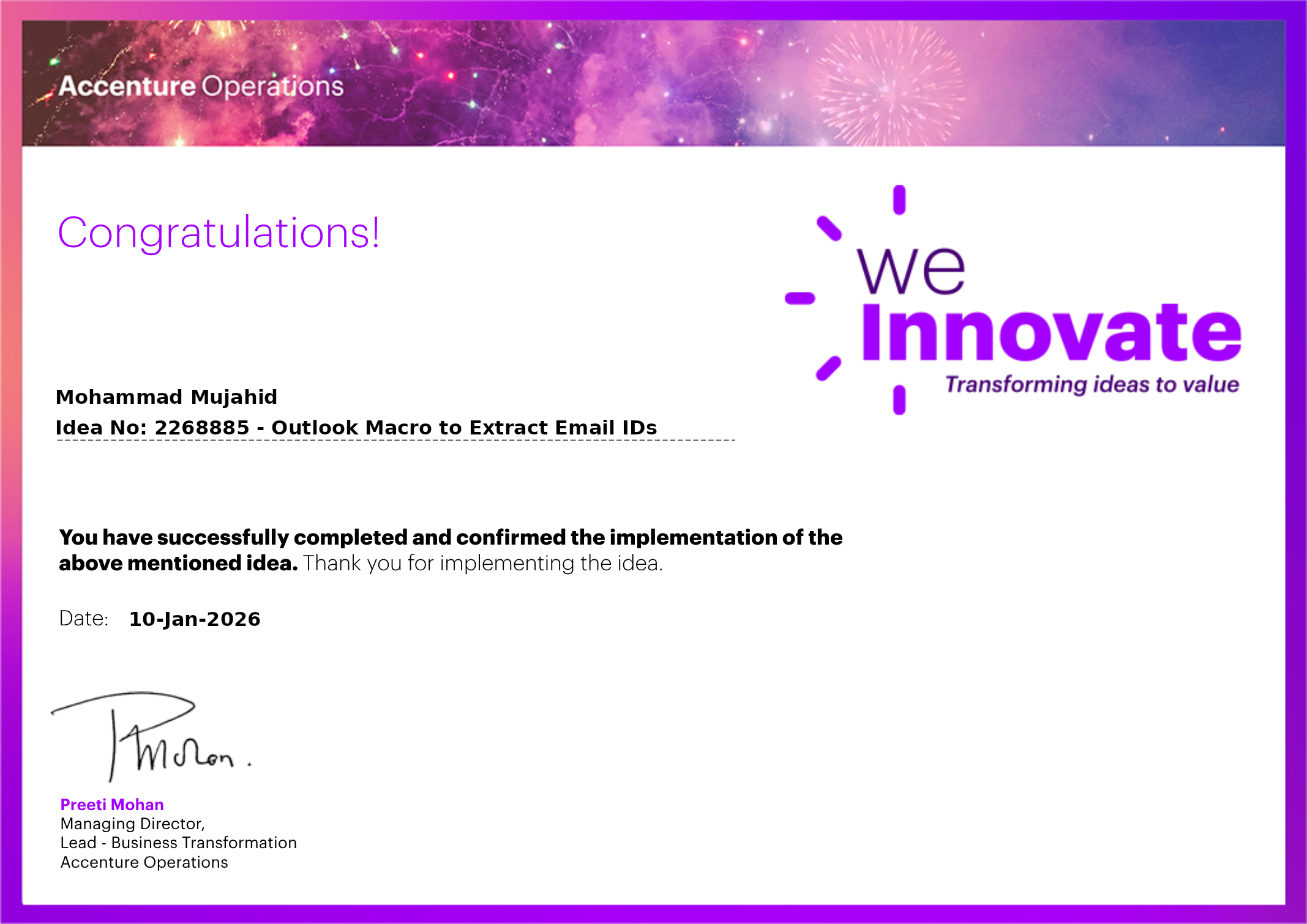 Accenture We Innovate Certificate for Productivity Enhancement