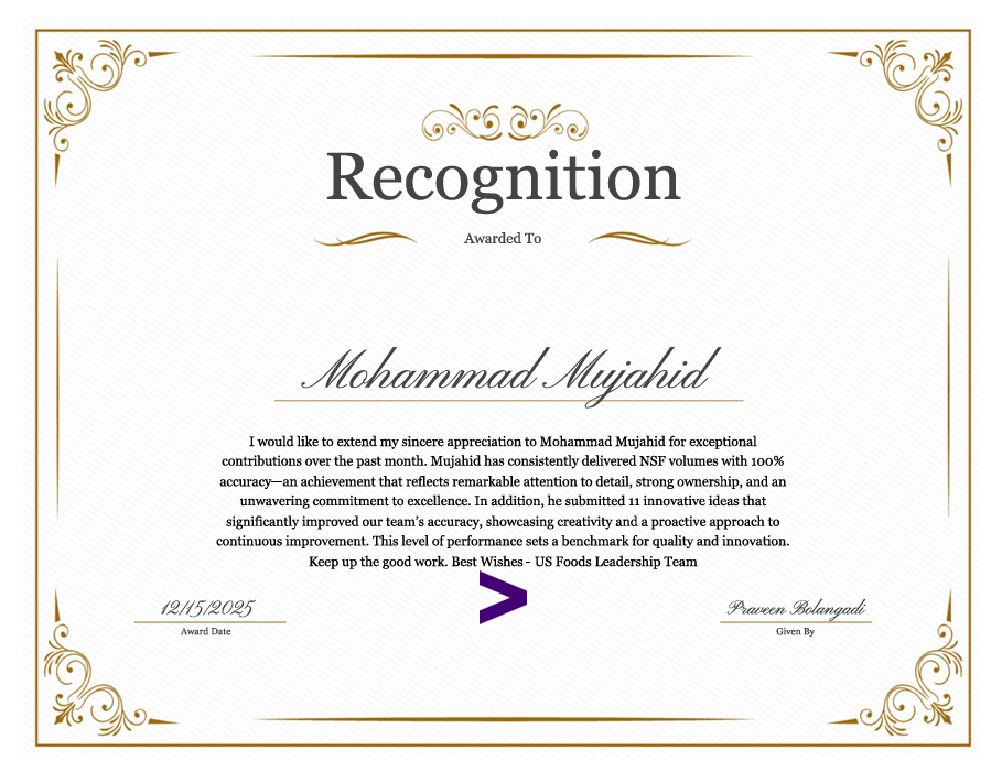 Recognition Certificate for Innovation Contribution