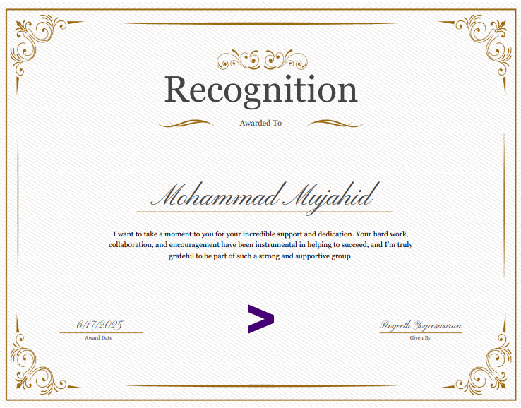 Recognition Certificate for Consistent Performance