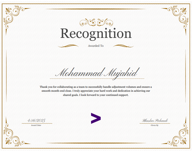 Recognition Certificate for Professional Excellence