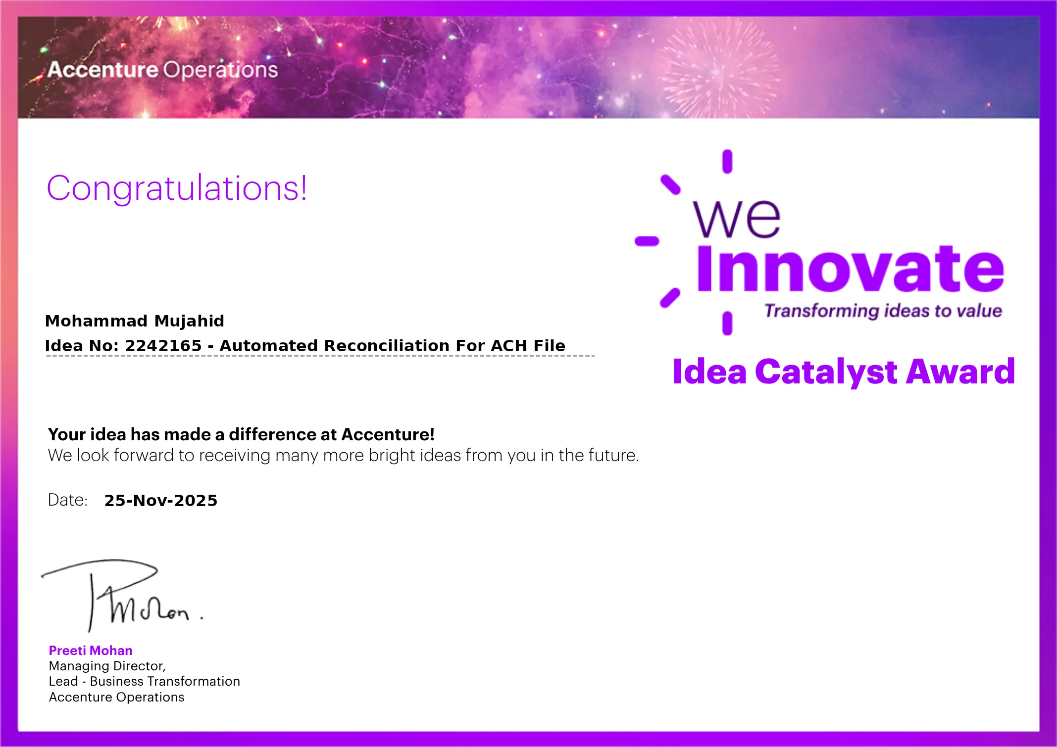 Recognition Certificate for Consistent Performance