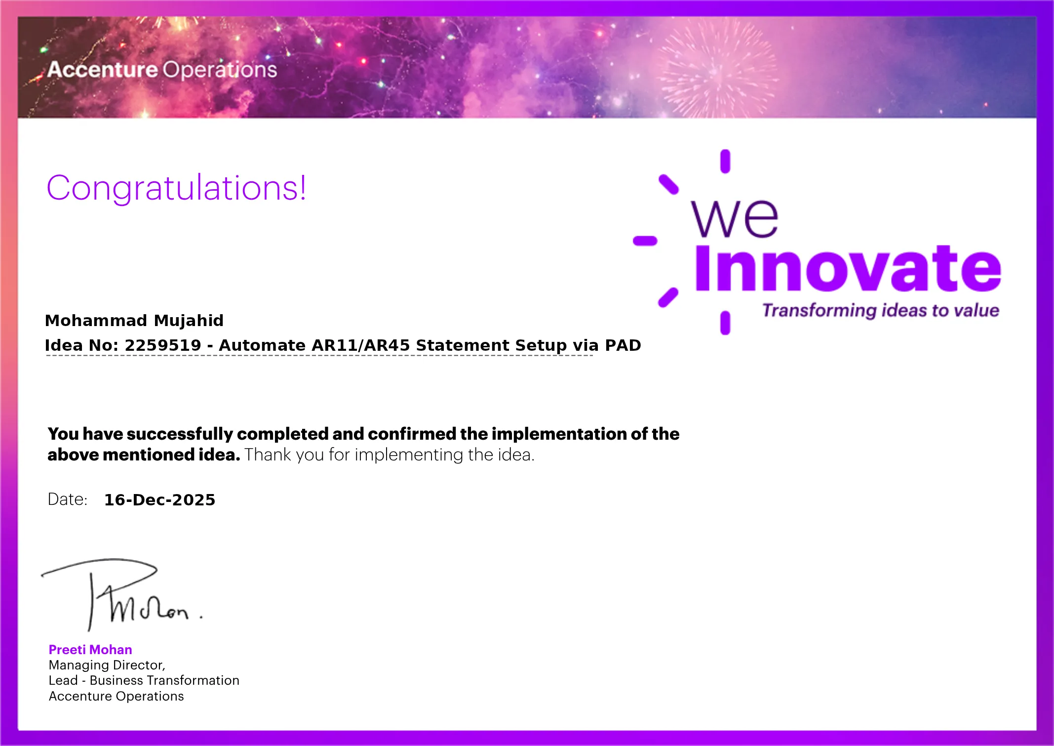 Recognition Certificate for Consistent Performance