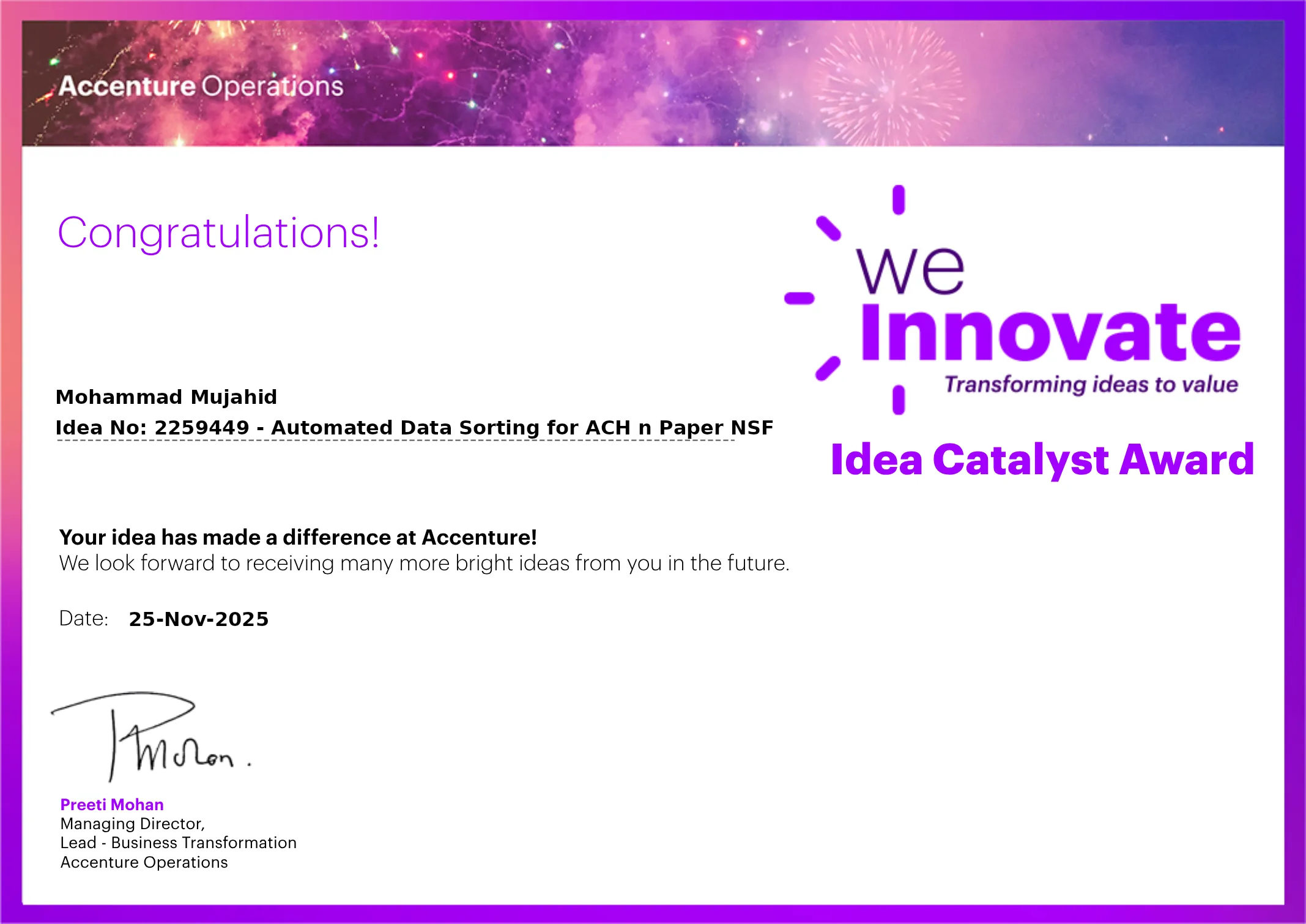 Accenture We Innovate Certificate for Continuous Innovation